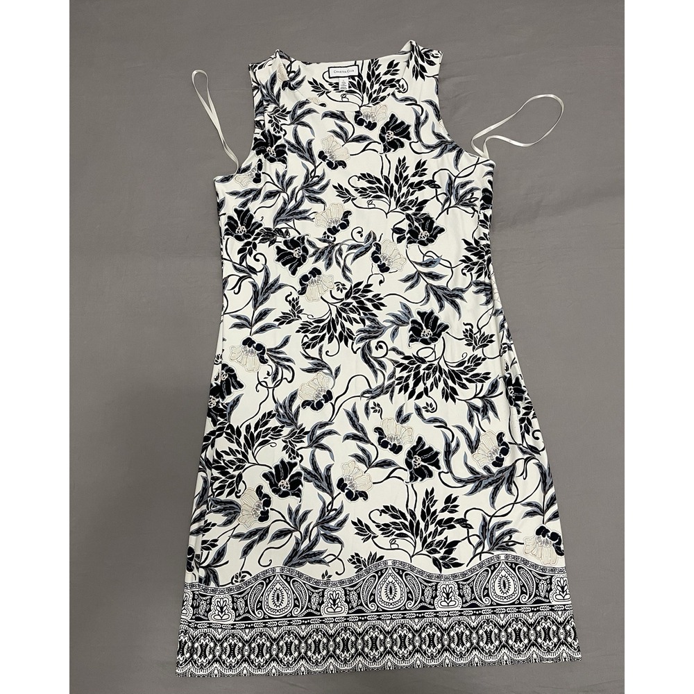 Charter Club Womens Black White Floral Border Print Sleeveless Shift Dress L